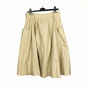 Kate Spade Flowy Midi Skirt Cotton Linen Blend with Pockets Pleated Beige Tan